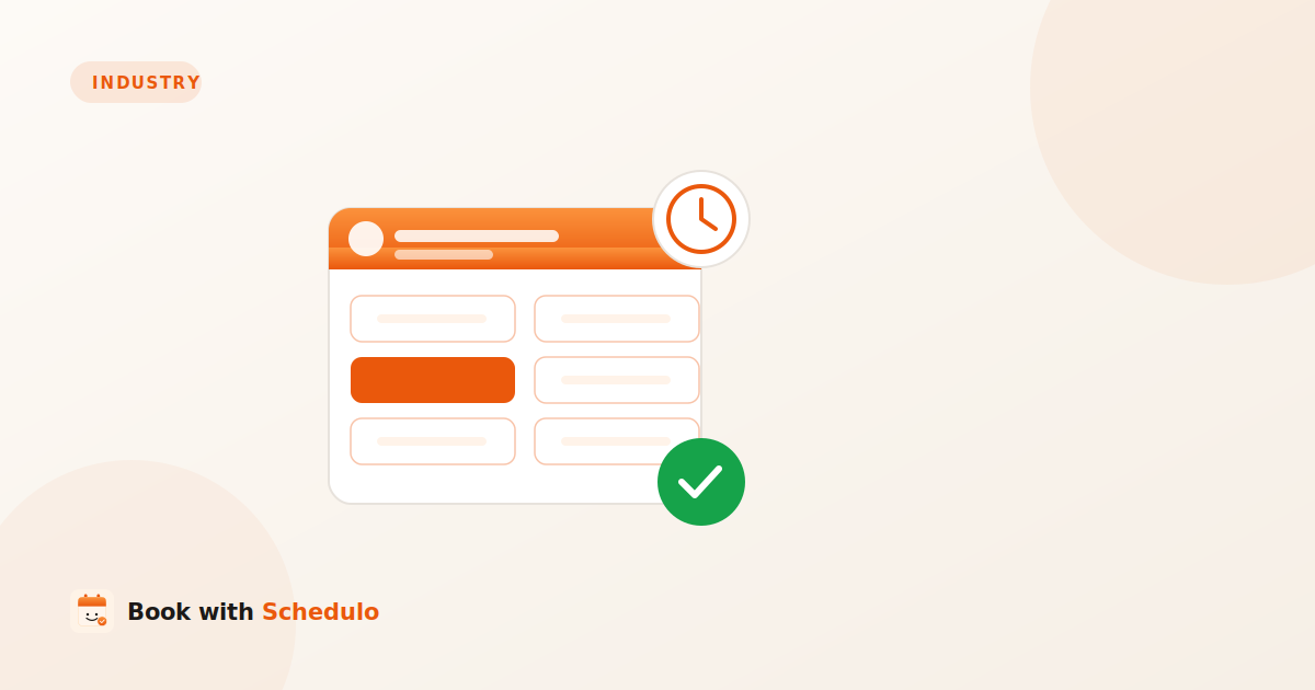 Illustration of a branded booking page with selectable time slots, a clock and a confirmation checkmark